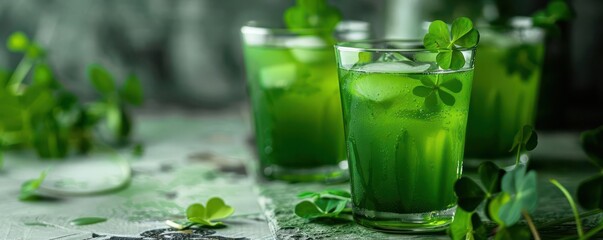 Green beer with a clover garnish, Saint Patricks Day cocktail, classic and festive