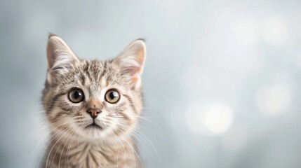 Adorable grey tabby kitten with expressive eyes, set against a soft, blurry background. Perfect for pet-related content and designs.