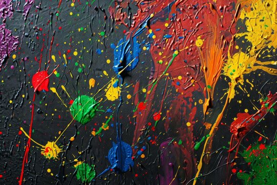 Closeup of a black canvas with colorful, dynamic splatters of paint creating an abstract art piece