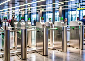 Modern electronic barriers at bustling transportation hub regulate access, ensuring secure entry to authorized individuals, with sleek design and blurred background emphasizing functionality.