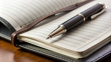 Closeup of a black pen resting on a partially opened leather-bound planner, revealing blank pages with subtle texture and faint lines.