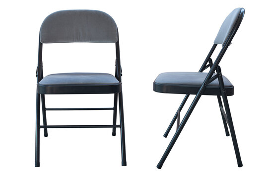 Metal folding chair, A classic black metal folding chair, Folding chairs are used for all types of events and gatherings, they fold closed for easy storage and transportation, Isolated on white.