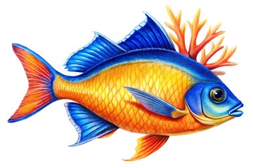Fototapeta premium Vibrant orange and blue fish dart past coral reef, their iridescent scales shimmering in sunlight, bringing joy and beauty to the ocean's kaleidoscopic landscape.