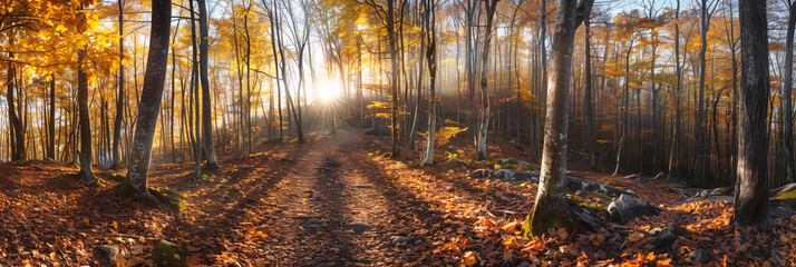 Fototapeta premium Path in the autumn forest, Autumn Mountain Pathway, a serene mountain trail lined with trees in vibrant autumn colors