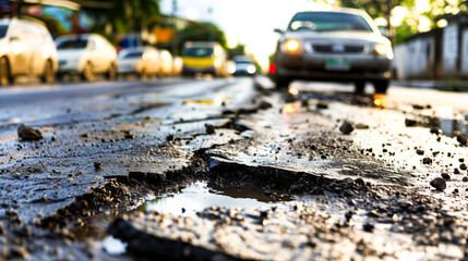 Damaged highway with multiple potholes