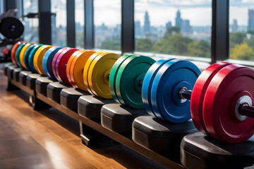 Obraz premium ibrant gym scene with rainbow-colored dumbbells lined up before panoramic city views; perfect for modern fitness enthusiasts