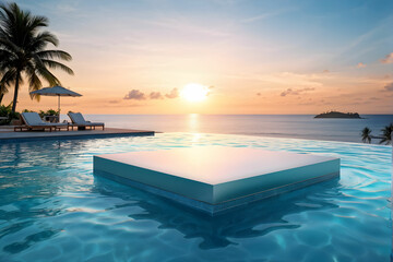 Fototapeta premium Podium stand in luxury swimming pool water with sea and sunset view. Summer background of tropical design product placement display. Hotel resort poolside backdrop