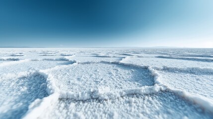 Obraz premium Beautiful panoramic view of vast salt flats under a clear blue sky, showcasing unique geography and natural wonders in a serene landscape.