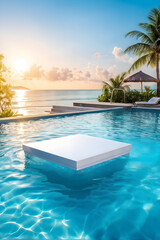 Obraz premium Podium stand in luxury swimming pool water with sea and sunset view. Summer background of tropical design product placement display. Hotel resort poolside backdrop
