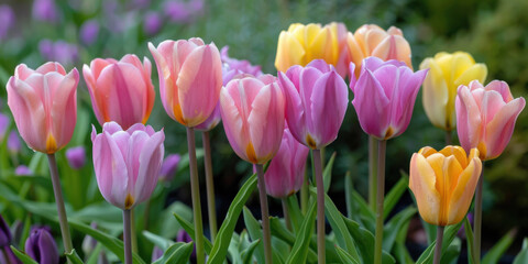 A vibrant close-up of various colorful tulips blooming in a spring garden.