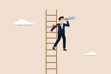 Business vision to see the journey to success, discovery of new opportunities, future success concept, businessman leader climbing the ladder and looking at the future using a telescope.