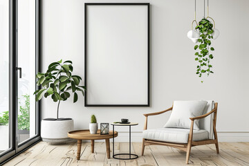 Mockup black poster frame with decor accessories in cozy white interior