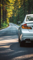 Fototapeta premium Summer road trip with a white sedan on a scenic forest route, perfect for stock images