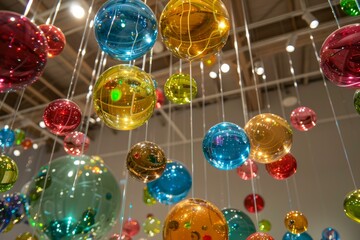 Ceiling installation of vibrant glass spheres suspended in a modern interior