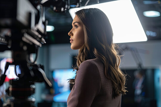 Television anchorwoman in studio during live broadcasting
