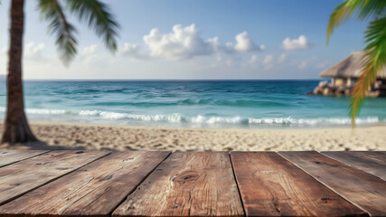 Empty wooden table top with copy space for food drink product advertising with blurred summer resort beach bar restaurant background