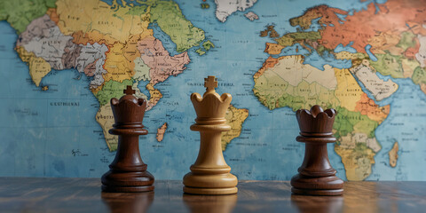 Geopolitics concept image with two chess pieces on a world map representing geopolitical discussion and movement between countries and continents