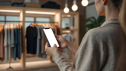 Mockup, woman's hands holding mobile phone with blank screen in cloth shop. Woman using smartphone, looking at the screen, over shoulder view