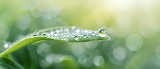Close-up of a fresh, green leaf with dew drops in the morning light, capturing the beauty of nature's details and serene atmosphere.