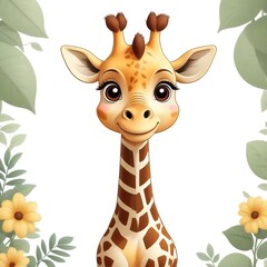 Obraz premium Cartoon giraffe with big eyes and brown spots. Suitable for childrens books, nursery decor, stationery, and educational materials.