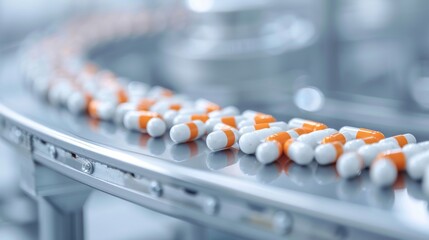 Close-up of a pharmaceutical production line with orange and white capsules being manufactured in a sterile environment.