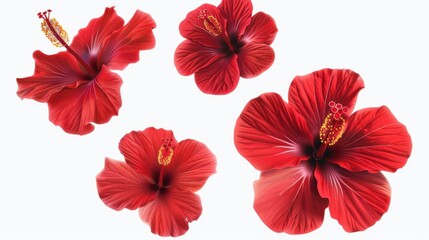 Four Red Hibiscus Flowers on White Background