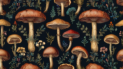 Vintage Mushroom Botanicals Pattern