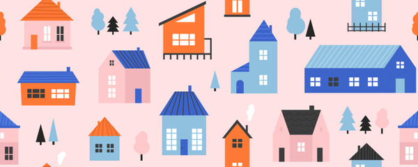 Small cute house seamless pattern. Cute cartoon village town repeated texture. Doodle cozy tiny cottages background. Repeating little suburban town houses and trees wallpaper. Vector illustration
