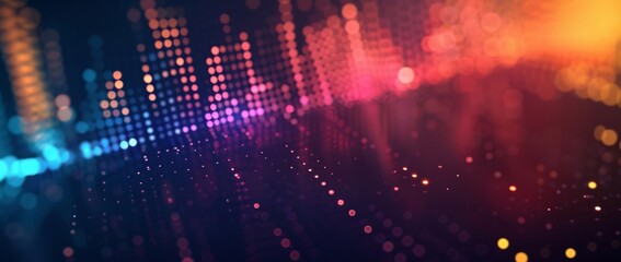 A dynamic music-inspired graphic equalizer background featuring a vibrant wave effect on a dark background.