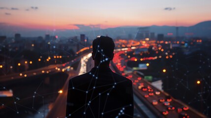 A silhouette of a person overlaid with a digital network, overlooking a cityscape at dusk with vibrant lights and busy traffic.