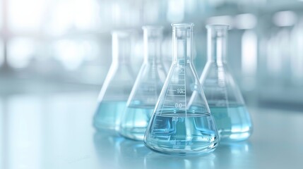 Close-up of laboratory beakers filled with blue liquid on a reflective surface, representing scientific research and experiments.