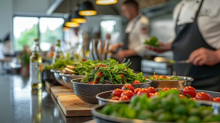 Obraz premium Chefs preparing fresh salads in a professional kitchen, with vibrant vegetables and ingredients on display in bowls.