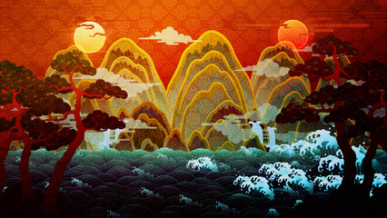 일월오봉도 동양화 산수화 The sun, the moon and the five mountain peaks. Paintings symbolizing Korean traditional kings, oriental paintings, pine trees, water, ten longevity symbols