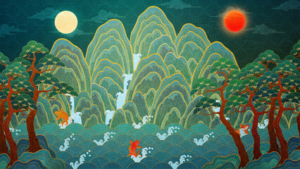 일월오봉도 동양화 산수화 The sun, the moon and the five mountain peaks. Paintings symbolizing Korean traditional kings, oriental paintings, pine trees, water, ten longevity symbols