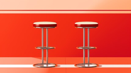 Two bar stools with red seats and chrome legs are in front of a red wall with a white stripe