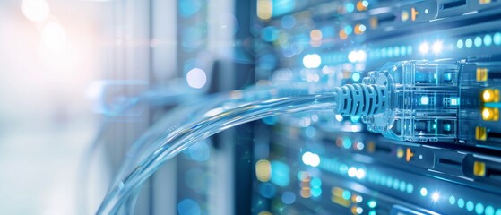 Close-up of network cables connected to server in data center with blue glowing lights indicating connectivity and data transfer.