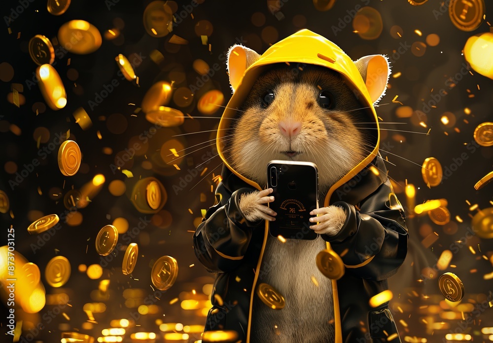 Poster a hamster is holding a cell phone and surrounded by gold coins