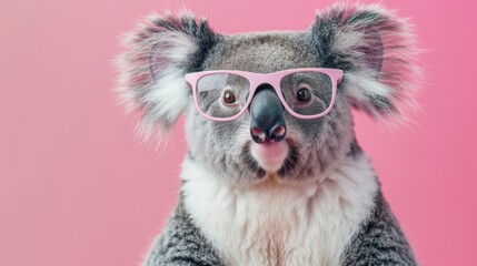 Funny Koala Bear Wearing Pink Glasses Sticks Out Tongue on Pink Background