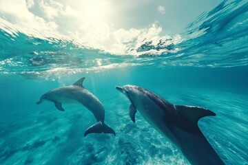 Obraz premium Two dolphins swimming together underwater with sun rays penetrating the ocean surface. Marine life and beautiful aquatic scenery.