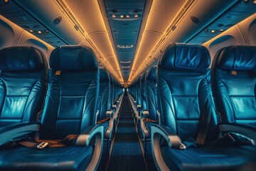 A plane with many blue leather seats