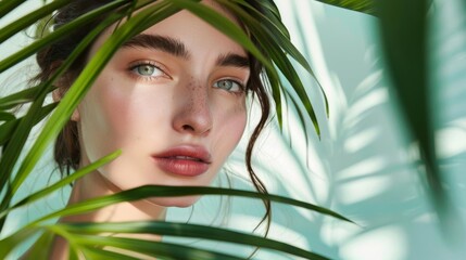 Naklejka premium Close-up portrait of a woman with natural makeup peeking through green tropical leaves, illustrating beauty and nature elements.