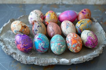 Array of colorful handpainted easter eggs with a marbled effect displayed on a rustic tray