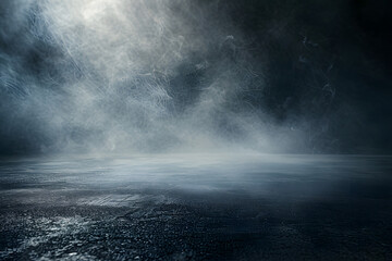 Abstract background of an empty dark room with smoke and light on the asphalt floor, empty scene for product presentation