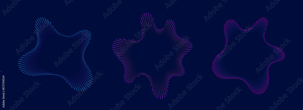Poster colorful radial sound wave line pattern set. circular audio, music, voice icon collection. linear un