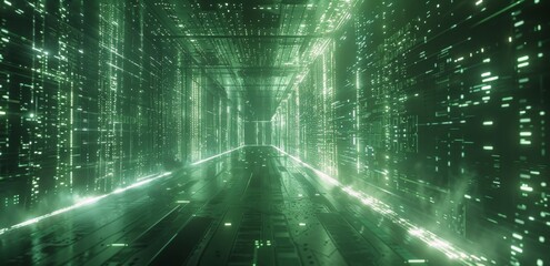 Obraz premium Digital Green Corridor of Binary Code With Bright Light at the End