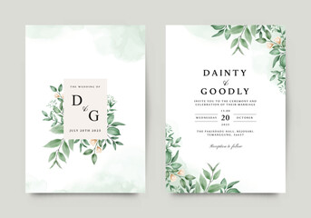 Watercolor leaves and flowers wedding invitation template