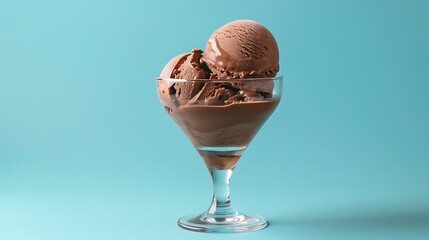 Chocolate ice cream in a lowball glass blue background