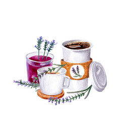 Aquarelle illustration of French lavender coffee, tea an lemonade. Lavender invigorating and refreshing beverage theme