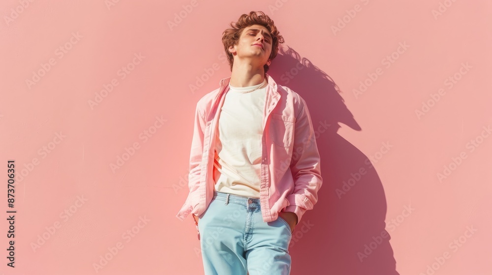 Wall mural Stylish young man with pink jacket and blue jeans posing against a pink wall. Concept of men's fashion, spring style, and urban lifestyle.