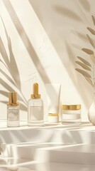 A set of four beauty products are displayed on a white pedestal. The products include a bottle of lotion, a bottle of perfume, a bottle of facial cream, and a bottle of toner